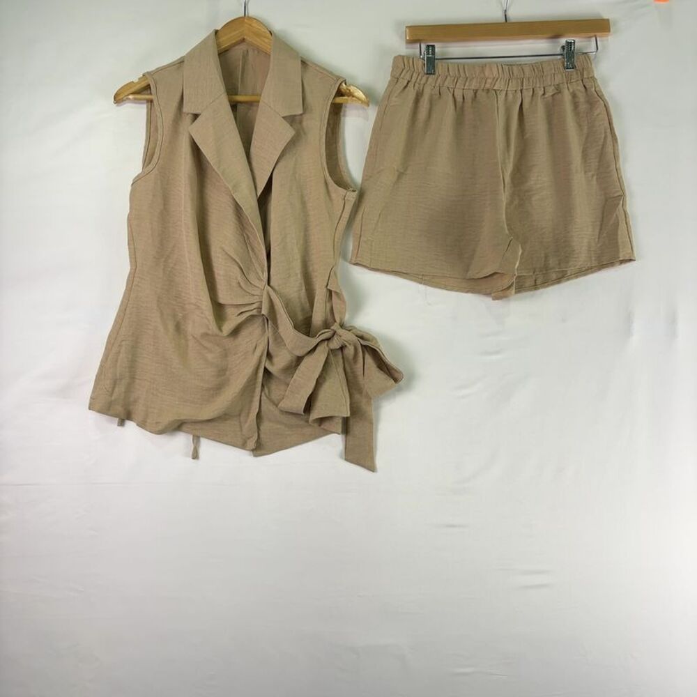 Lovely Rosetta Tie Waist Beige Shorts Set